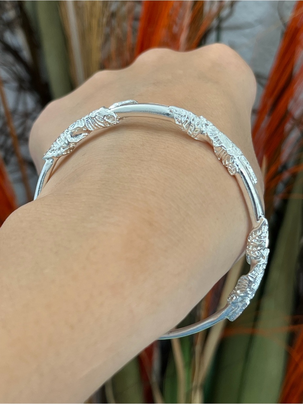 S925 Silver flower pattern cuff Bracelet,Silver Cuff bangle bracelet